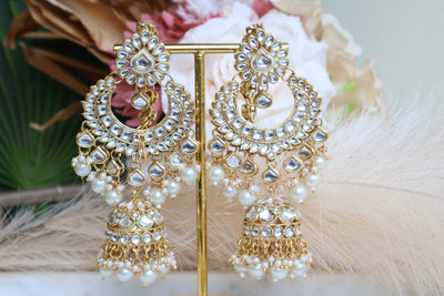 Designer Kundan Long Earring/attached Saharey with tikka - Indian Secrets