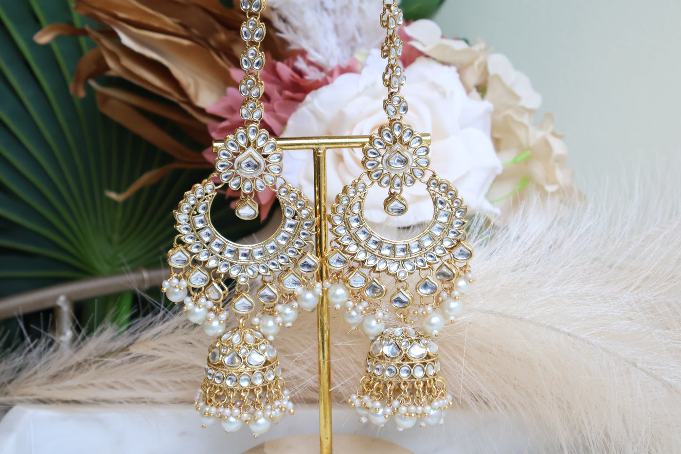 Designer Kundan Long Earring/attached Saharey with tikka - Indian Secrets