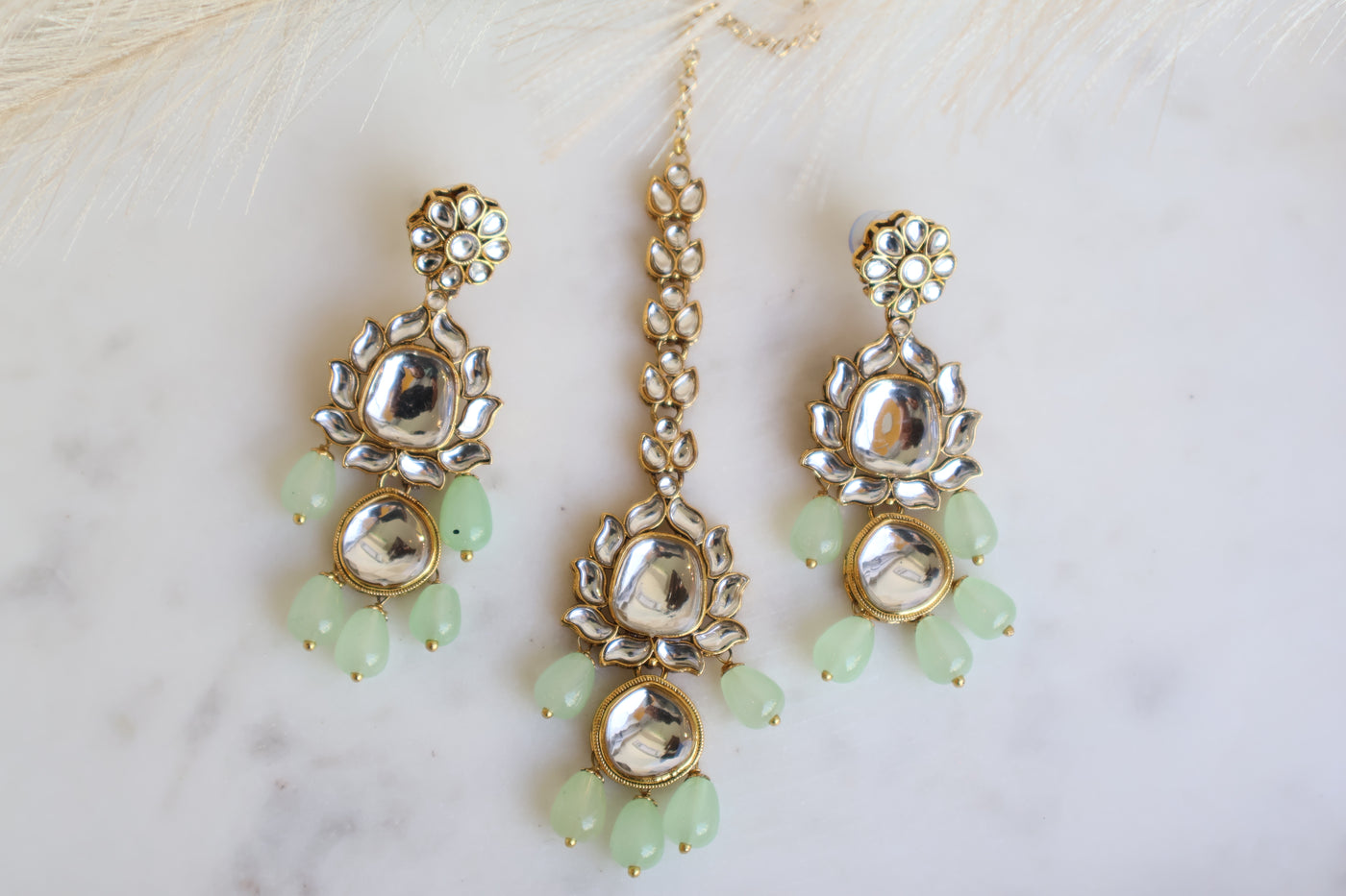 Kundan Earrings and Tikka- Mint Green - Indian Secrets