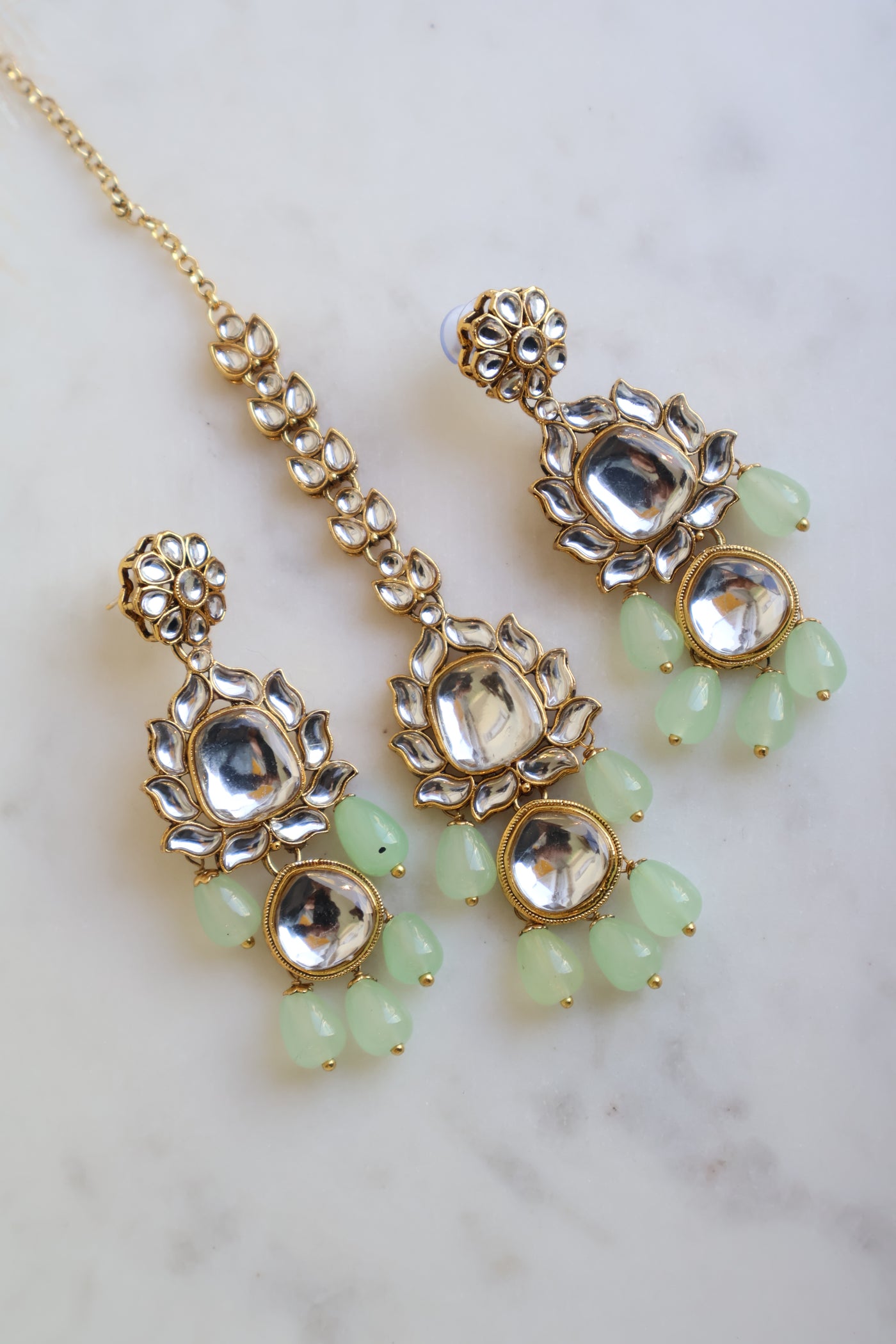 Kundan Earrings and Tikka- Mint Green - Indian Secrets