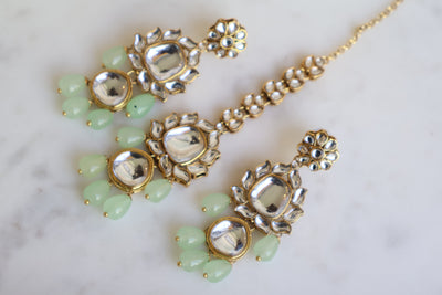 Kundan Earrings and Tikka- Mint Green - Indian Secrets