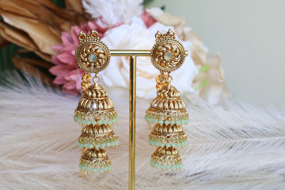 Diya- Antique Gold Plated Jhumka/ attached Saharey with Tikka - Indian Secrets