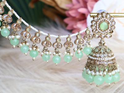 Mint Green Jhumka, tikka with detachable Saharey - Indian Secrets