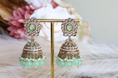 Mint Green Jhumka, tikka with detachable Saharey - Indian Secrets