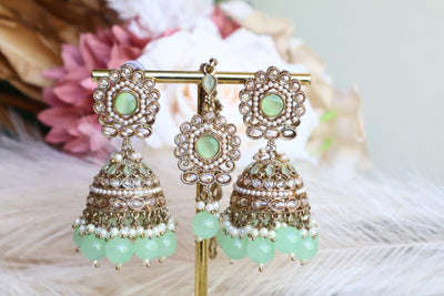 Mint Green Jhumka, tikka with detachable Saharey - Indian Secrets