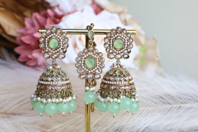 Mint Green Jhumka, tikka with detachable Saharey - Indian Secrets