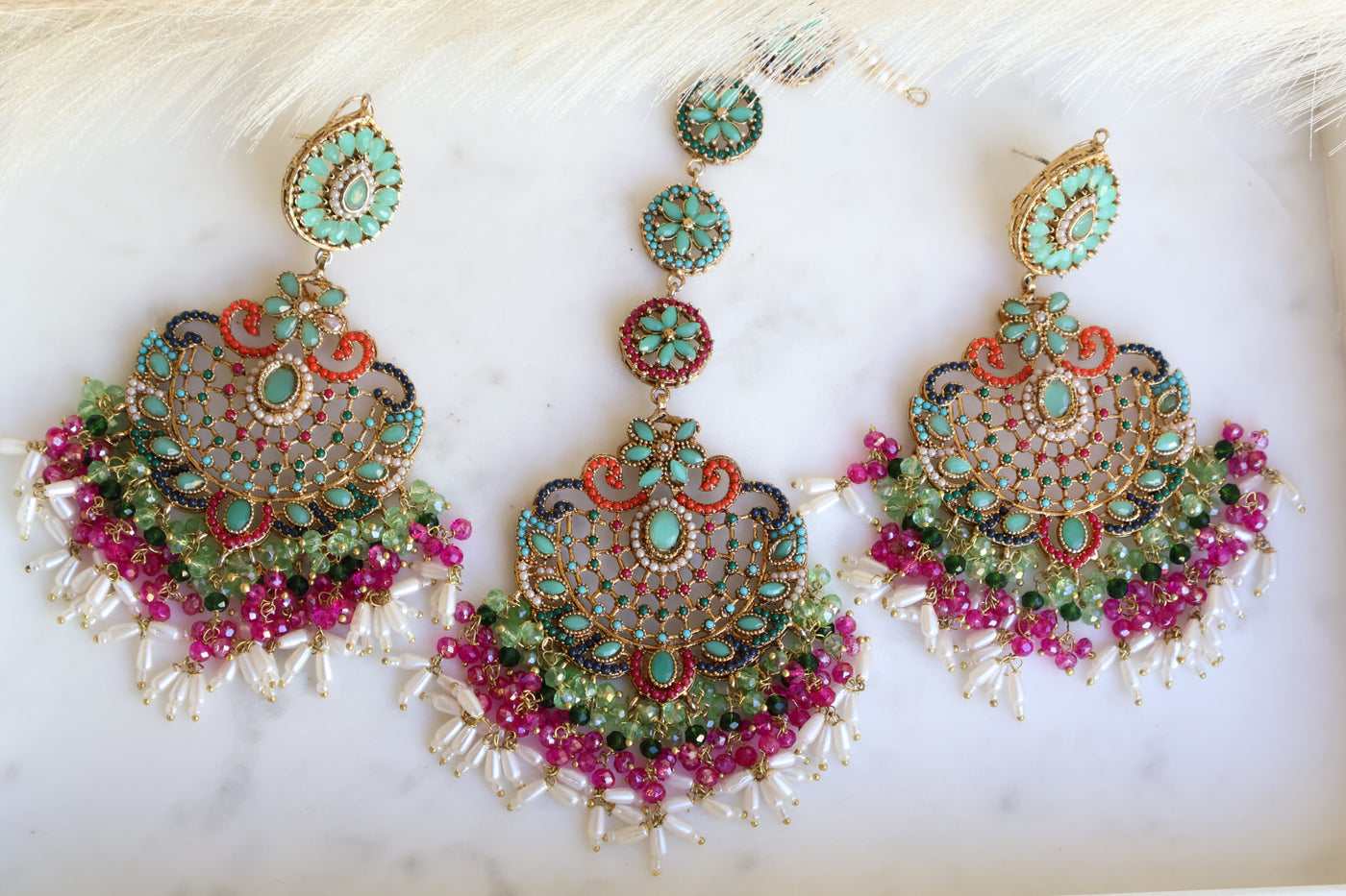 Pakistani Multi-color Long Earring and Tikka - Indian Secrets