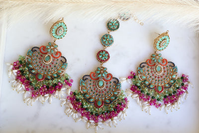 Pakistani Multi-color Long Earring and Tikka - Indian Secrets