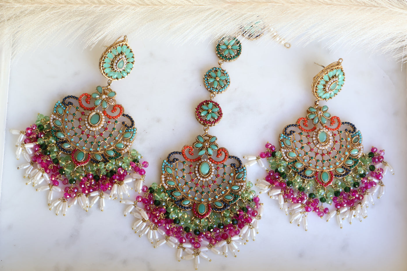 Pakistani Multi-color Long Earring and Tikka - Indian Secrets