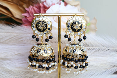 Black & white Pearls Loaded Mirrored Jhumka Tikka Set - Indian Secrets