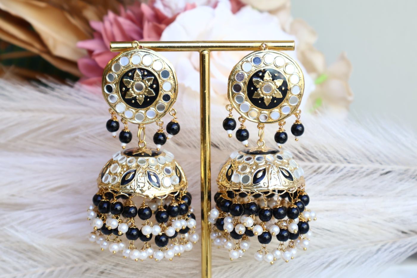 Black & white Pearls Loaded Mirrored Jhumka Tikka Set - Indian Secrets