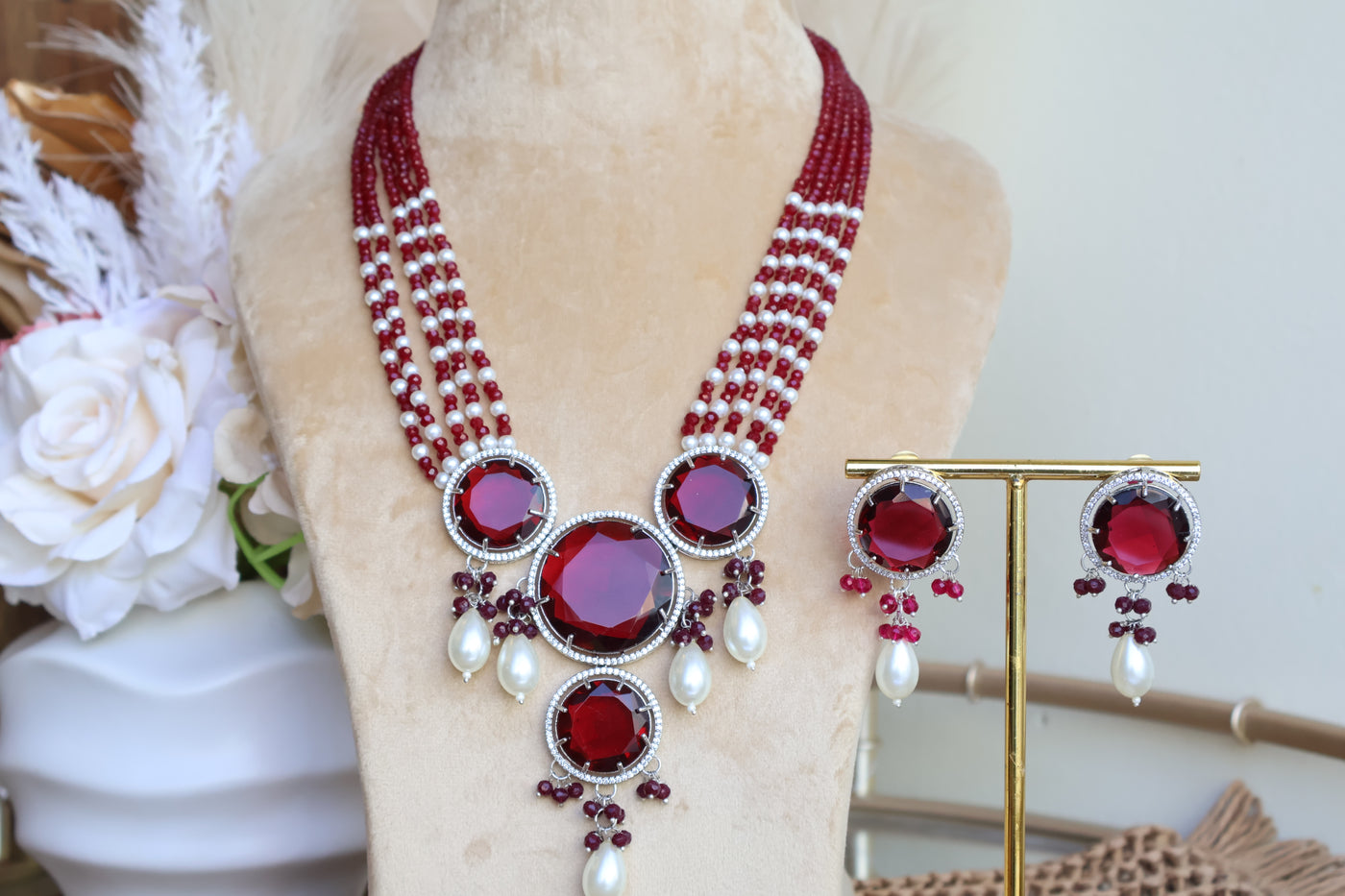 Madhuri Red AD Long Necklace set - Indian Secrets