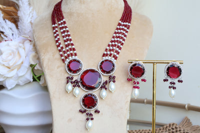 Madhuri Red AD Long Necklace set - Indian Secrets