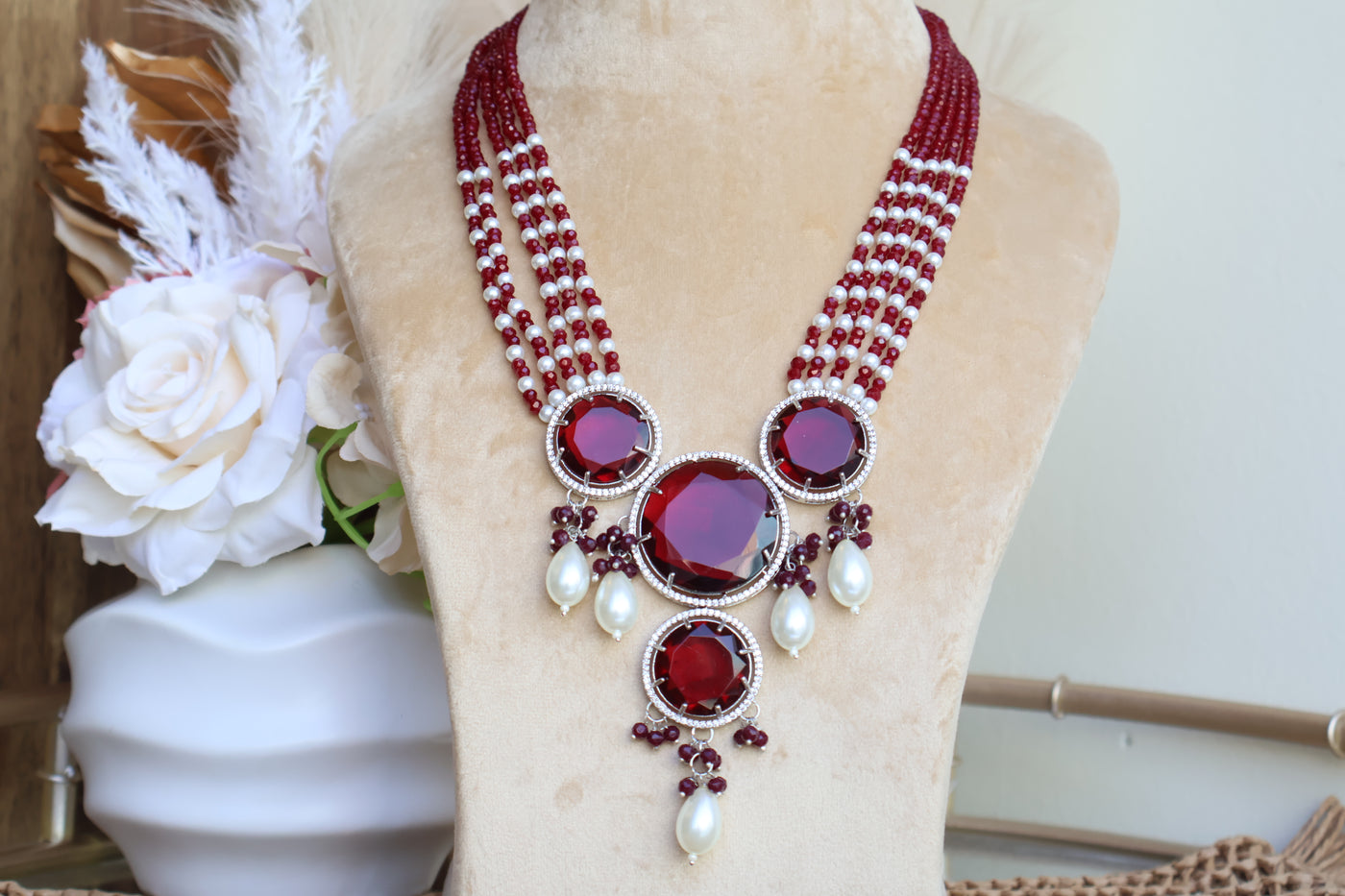 Madhuri Red AD Long Necklace set - Indian Secrets