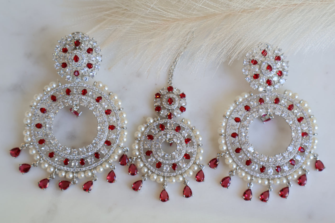 Red AD Earring Tikka set - Indian Secrets