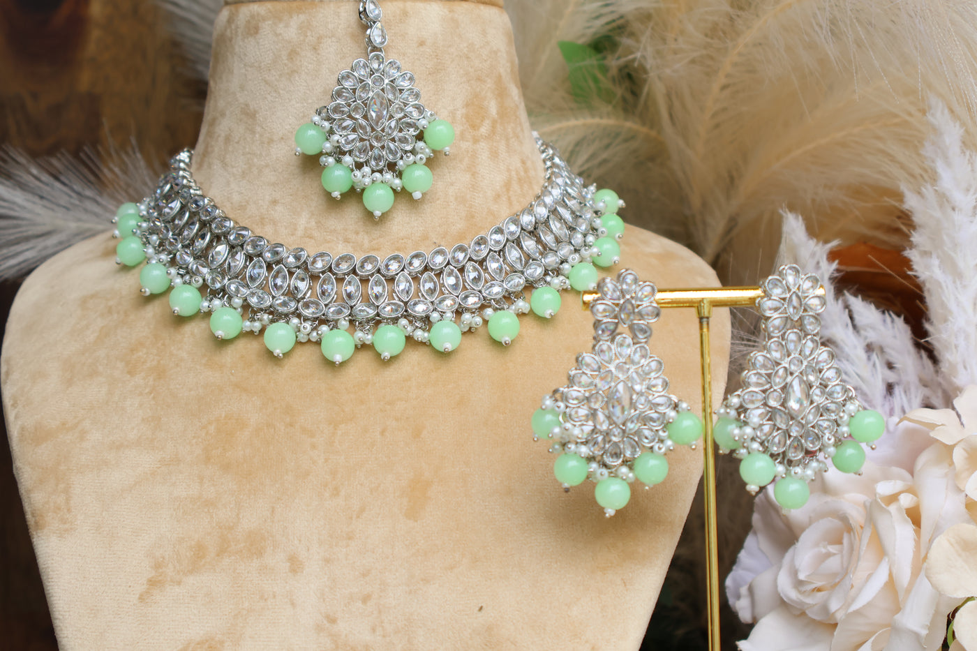 Khushi Mint-Green Pearls Necklace Tikka set - Indian Secrets