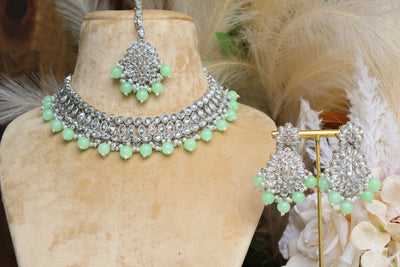 Khushi Mint-Green Pearls Necklace Tikka set - Indian Secrets