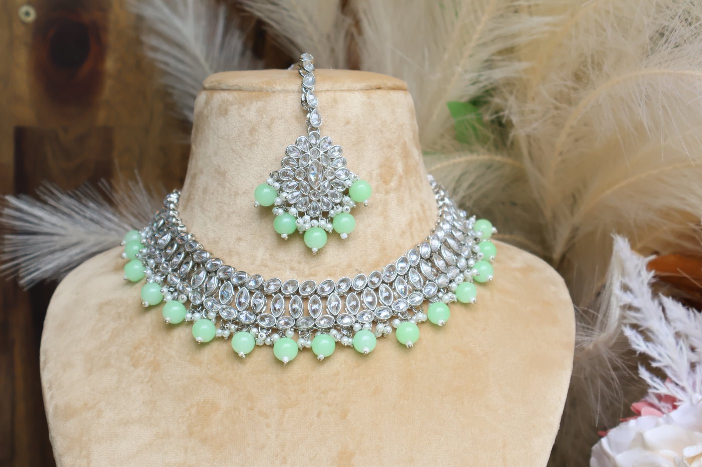 Khushi Mint-Green Pearls Necklace Tikka set - Indian Secrets