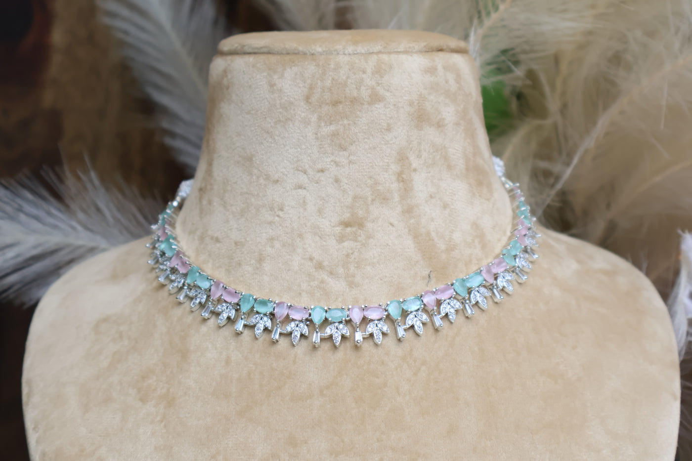 Pink & Mint Green stones AD Sleek Necklace - Indian Secrets