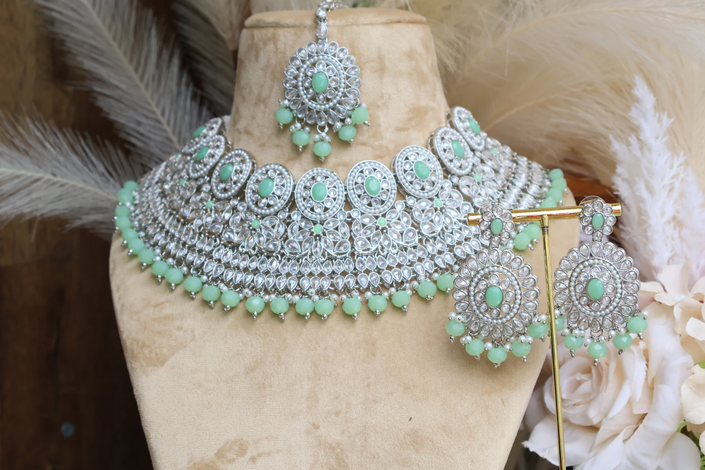 Gorgeous AD Mint Green Necklace set with Tikka - Indian Secrets