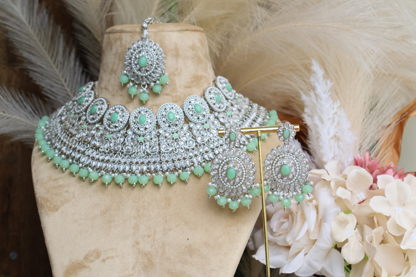 Gorgeous AD Mint Green Necklace set with Tikka - Indian Secrets