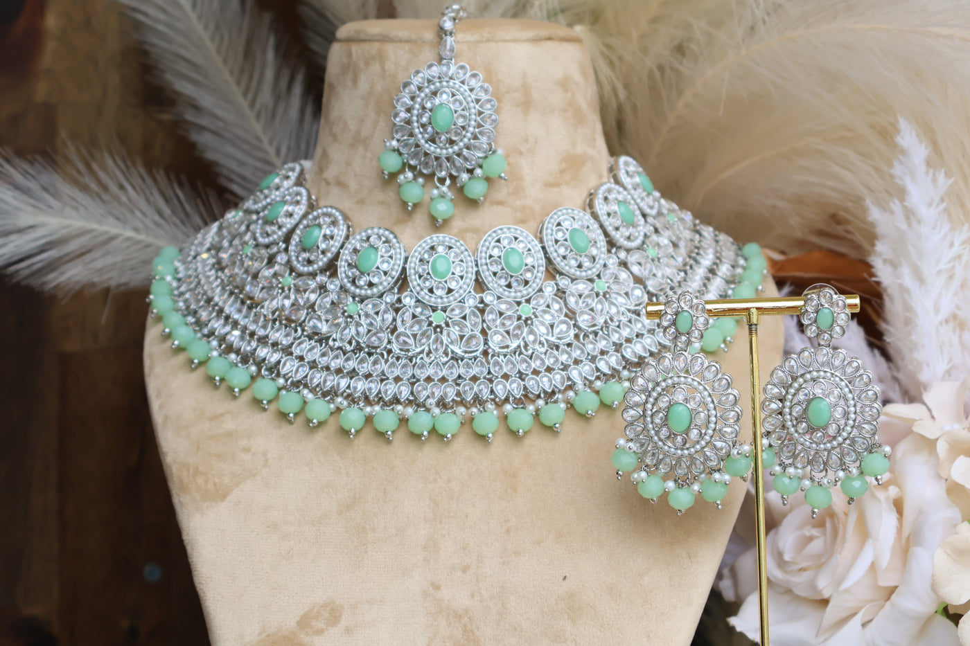 Gorgeous AD Mint Green Necklace set with Tikka - Indian Secrets