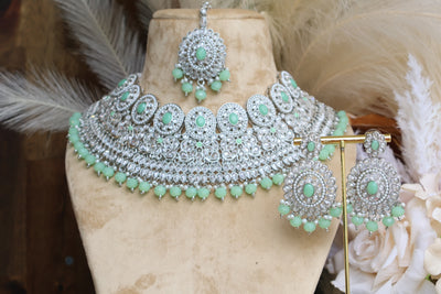 Gorgeous AD Mint Green Necklace set with Tikka - Indian Secrets