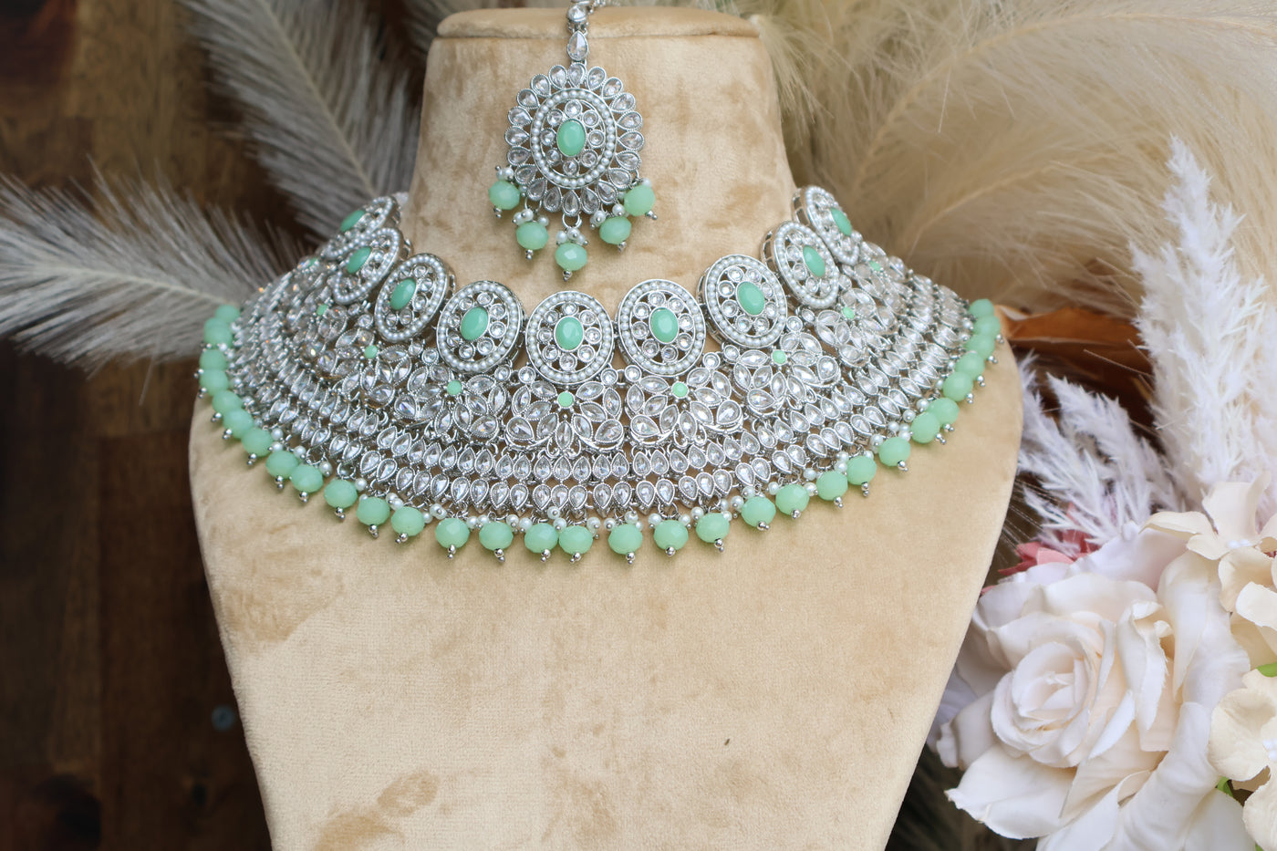 Gorgeous AD Mint Green Necklace set with Tikka - Indian Secrets