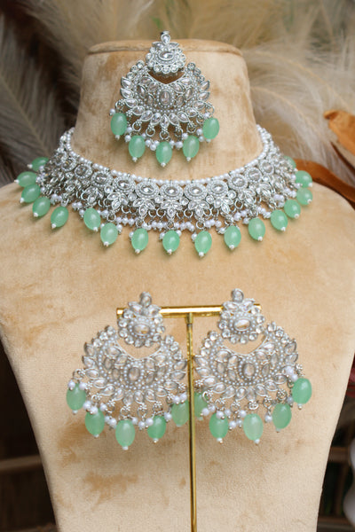 Polki Punjabi style Silver Mint Necklace - Indian Secrets