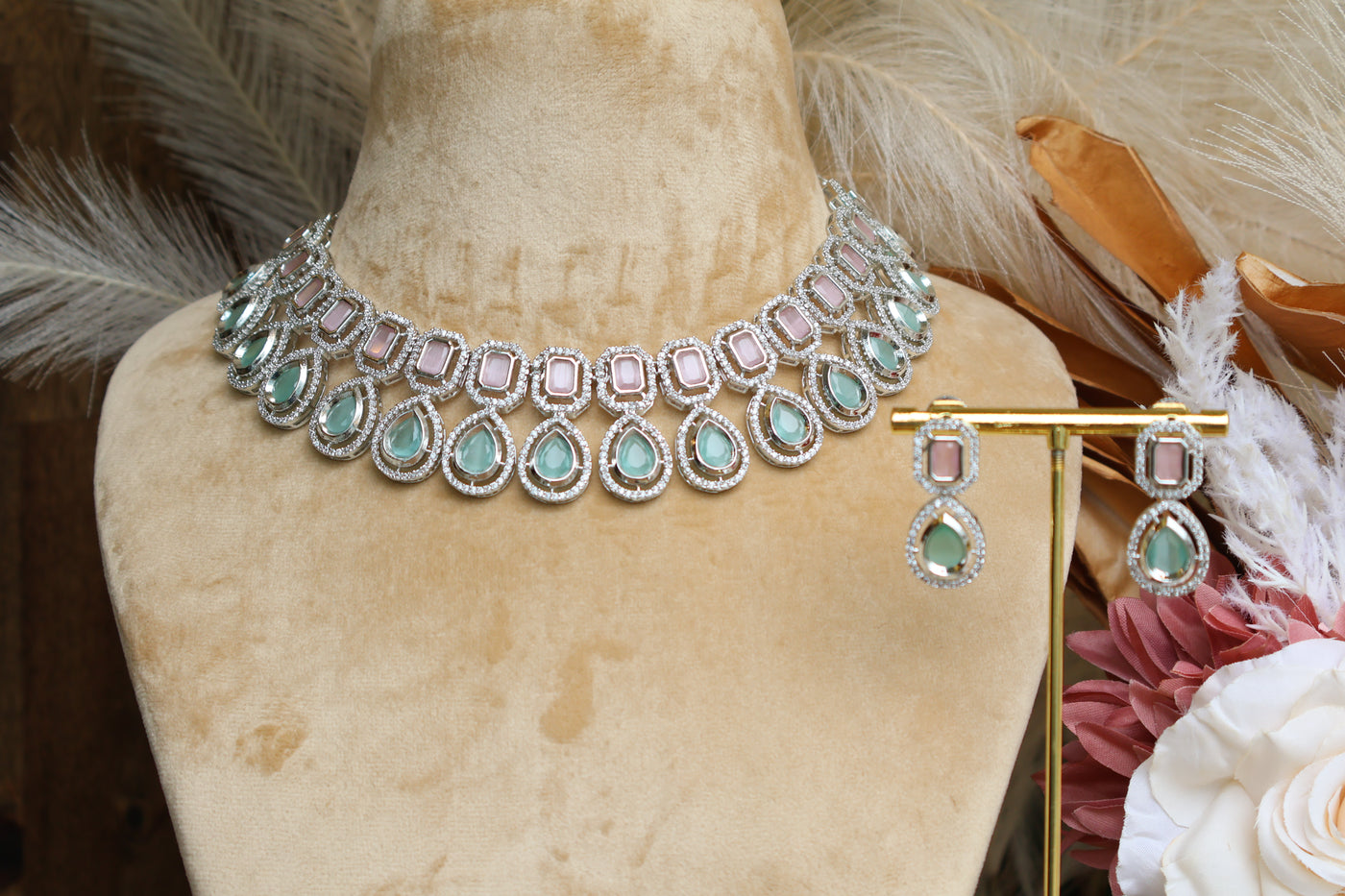 Silver Green Mint and Baby Pink AD Necklace - Indian Secrets