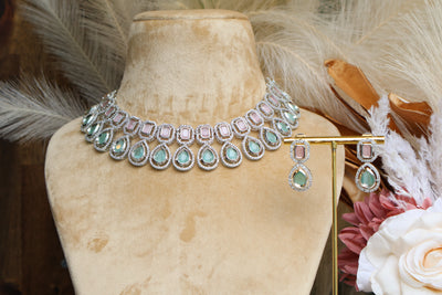 Silver Green Mint and Baby Pink AD Necklace - Indian Secrets