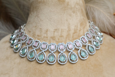 Silver Green Mint and Baby Pink AD Necklace - Indian Secrets