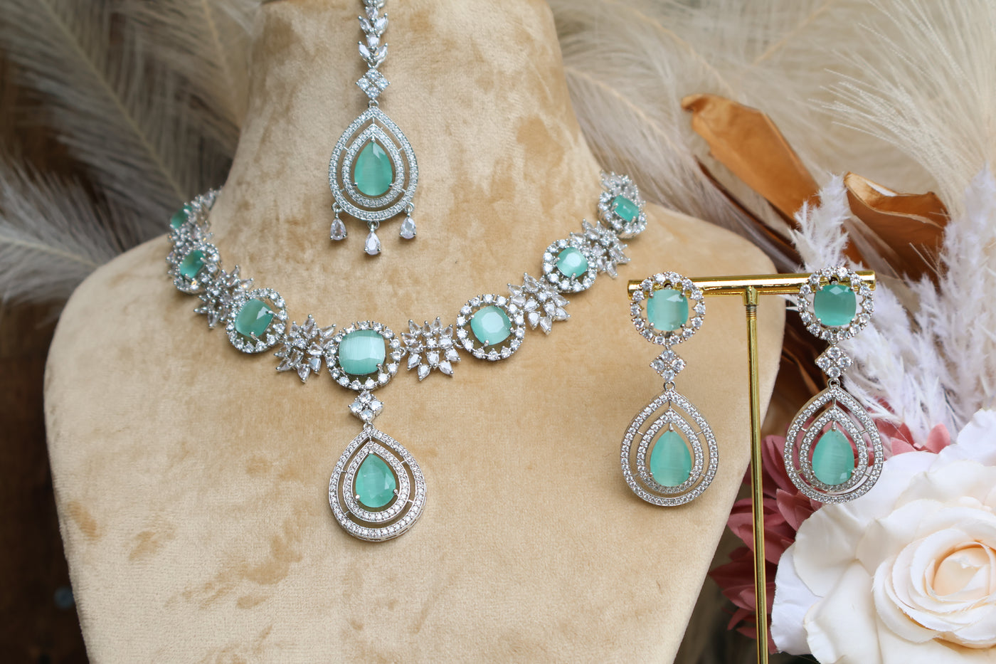 Premium Mint Green AD Necklace with Tikka - Indian Secrets