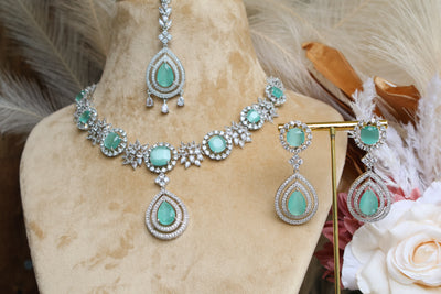 Premium Mint Green AD Necklace with Tikka - Indian Secrets