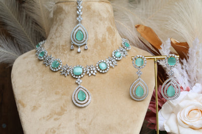 Premium Mint Green AD Necklace with Tikka - Indian Secrets