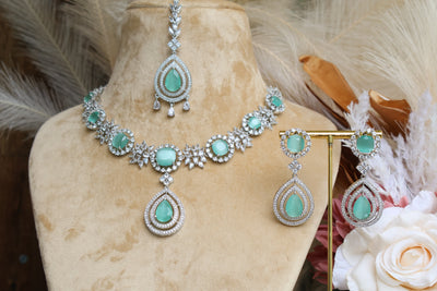 Premium Mint Green AD Necklace with Tikka - Indian Secrets