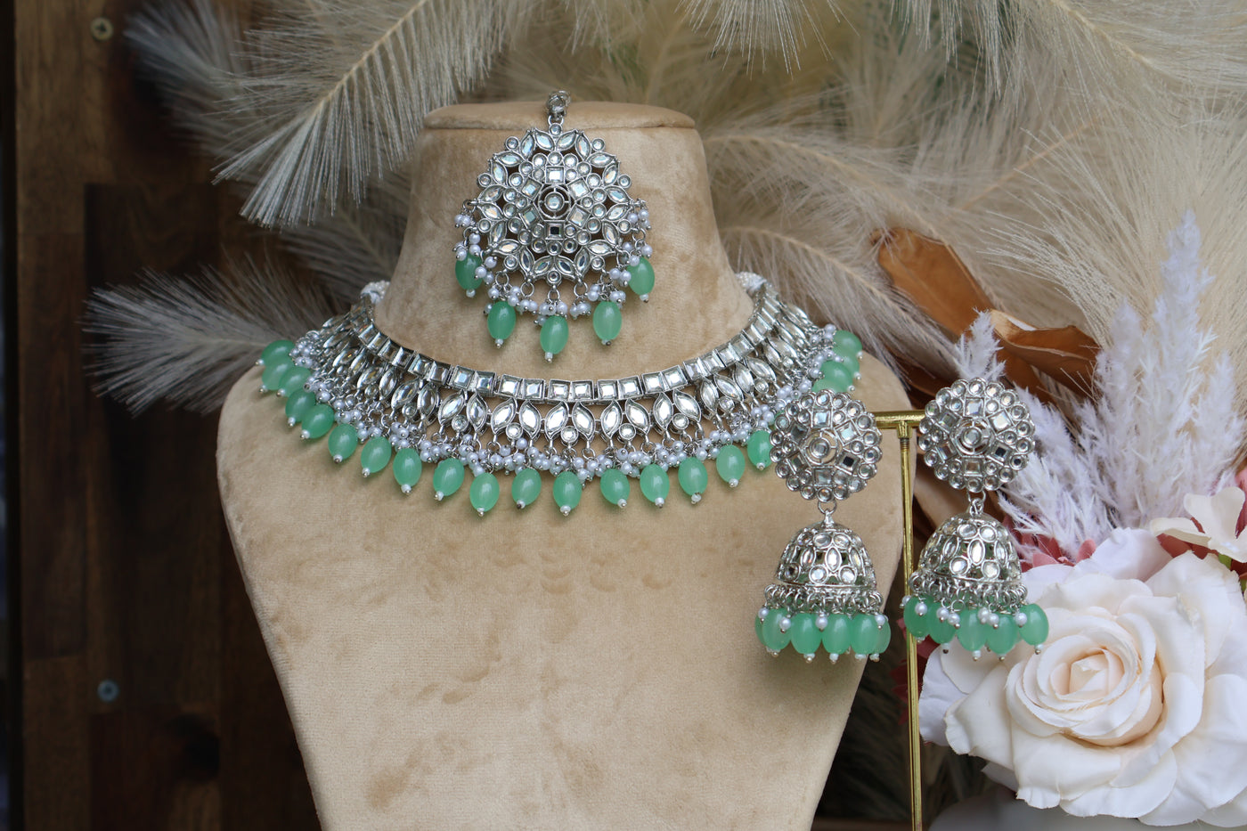 Noorjahan- Set Mint-Green Necklace with Tikka - Indian Secrets