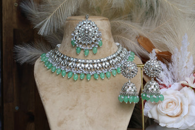 Noorjahan- Set Mint-Green Necklace with Tikka - Indian Secrets