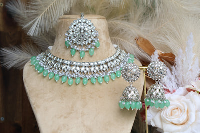 Noorjahan- Set Mint-Green Necklace with Tikka - Indian Secrets