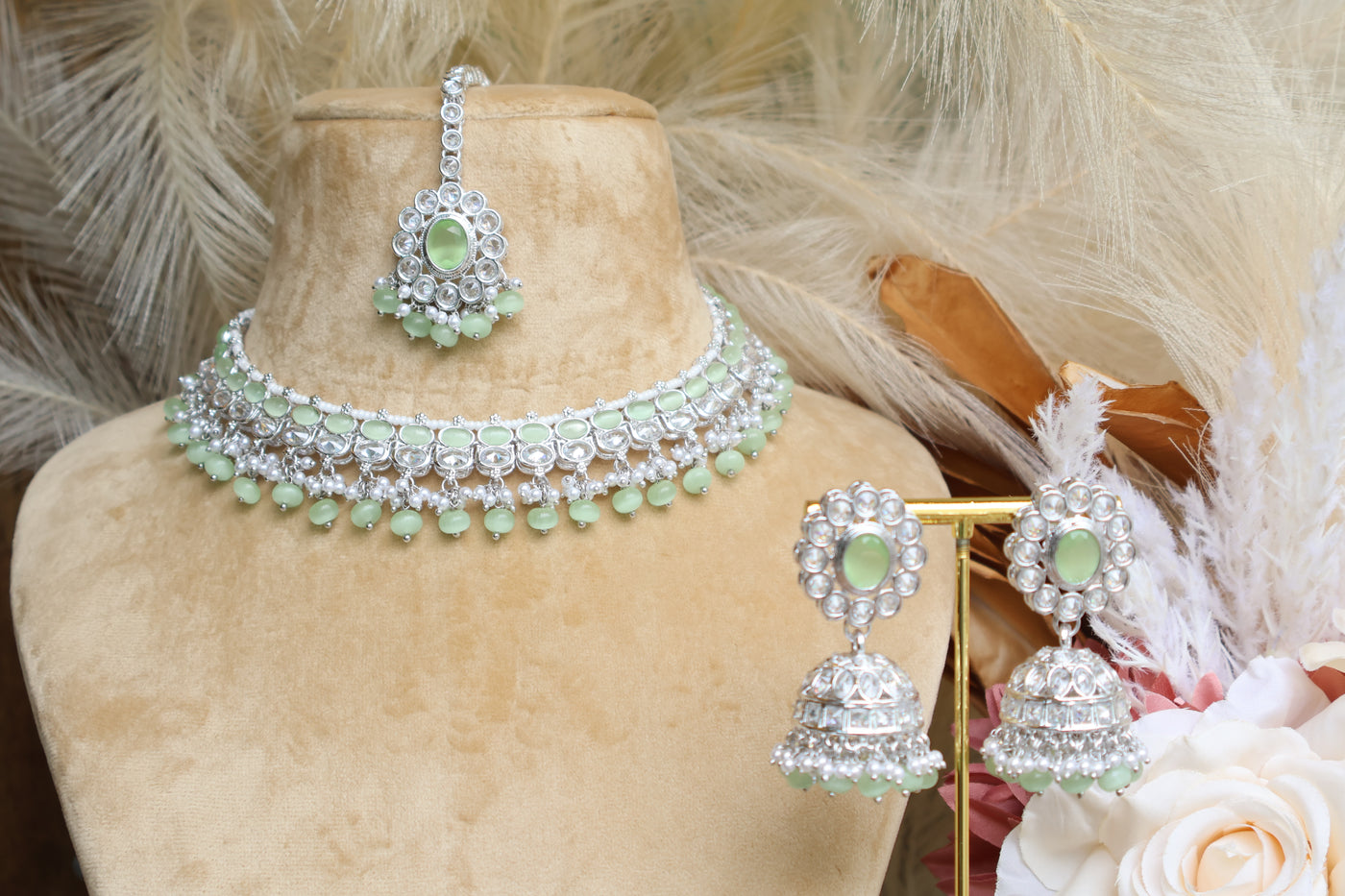 Silver & Mint Green Stones - AD Necklace with Tikka & Jhumki - Indian Secrets