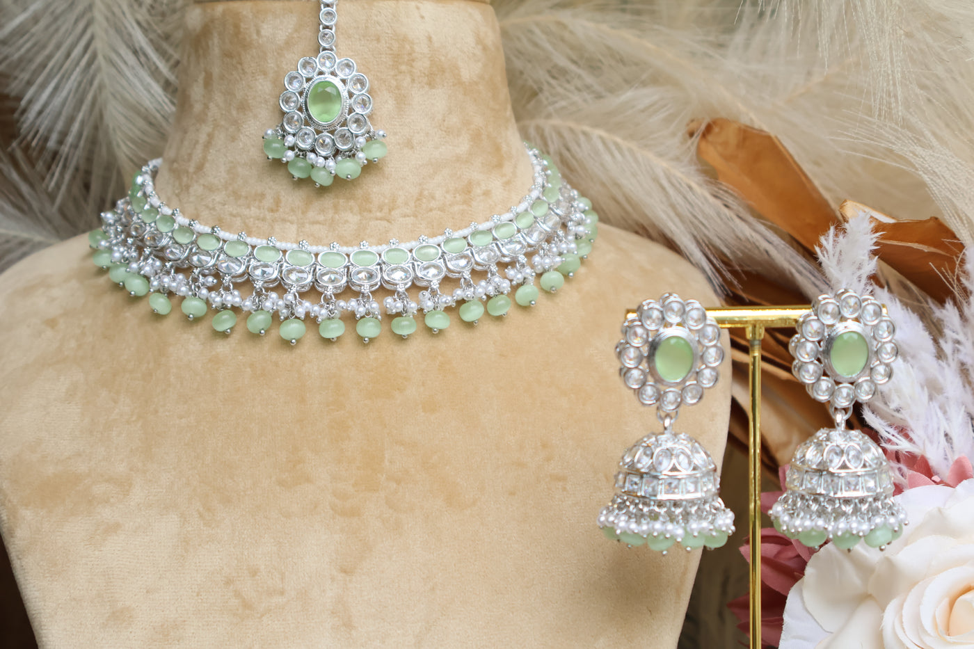 Silver & Mint Green Stones - AD Necklace with Tikka & Jhumki - Indian Secrets