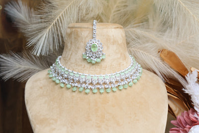 Silver & Mint Green Stones - AD Necklace with Tikka & Jhumki - Indian Secrets