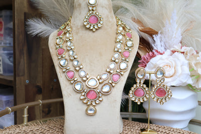 Uncut Kundan Pink & White stones-2 layered Necklace with Tikka - Indian Secrets