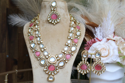 Uncut Kundan Pink & White stones-2 layered Necklace with Tikka - Indian Secrets