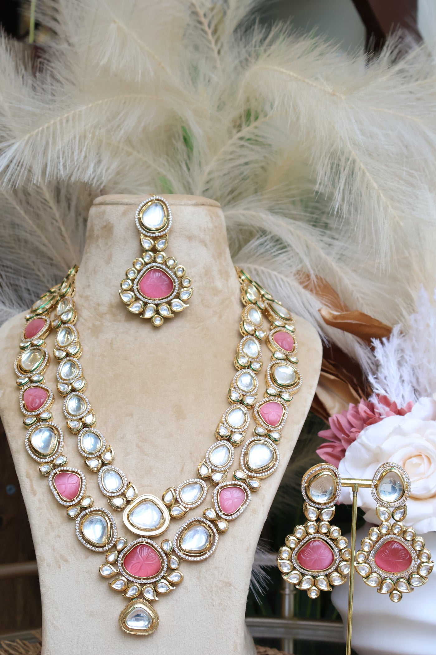 Uncut Kundan Pink & White stones-2 layered Necklace with Tikka - Indian Secrets