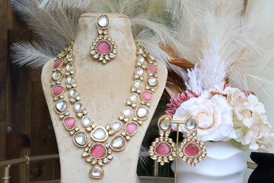 Uncut Kundan Pink & White stones-2 layered Necklace with Tikka - Indian Secrets