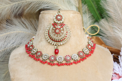 Shanaya Red Necklace with Tikka - Indian Secrets