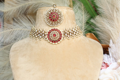 Red- Golden Stone Choker - Indian Secrets