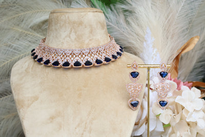 Rose Gold - Blue stones Choker set - Indian Secrets