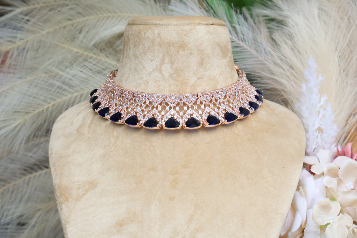 Rose Gold - Blue stones Choker set - Indian Secrets